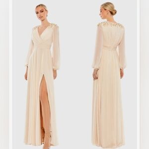 Ieena for Mac Duggal Embellished Shoulder Blouson Sleeve Evening Gown Porcelain